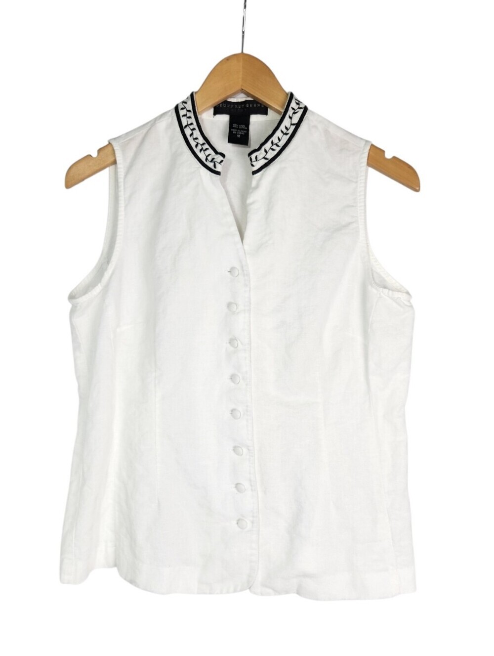 Geoffrey Beene Sport Linen Blend Sleeveless Blouse White Black Embroidered Sz 10